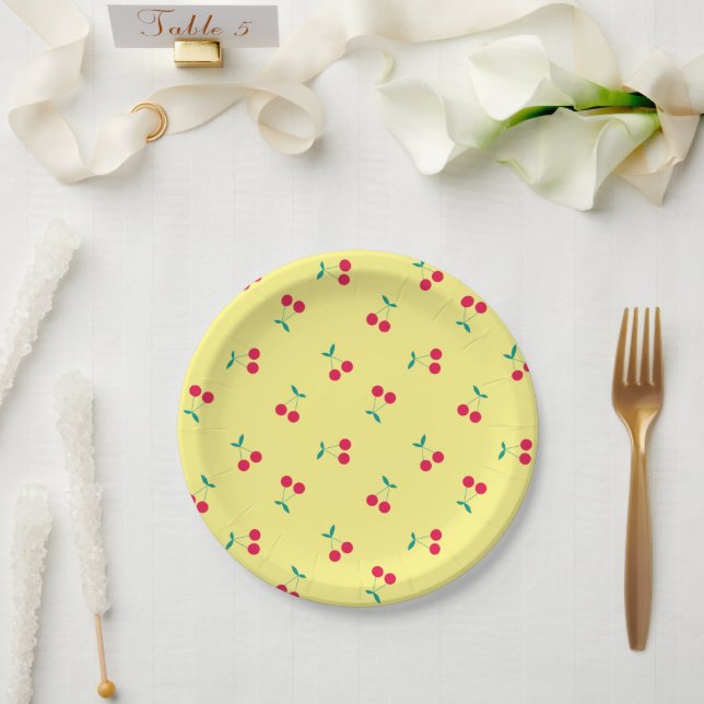 Plato De Papel Cherry Aesthetic Cherries Patrón Amarillo (Boda)