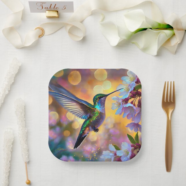 Plato De Papel Cherry Blossom Fantasy Hummingbird (Boda)