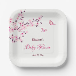 Plato De Papel Cherry Blossom Pink White Baby Shower