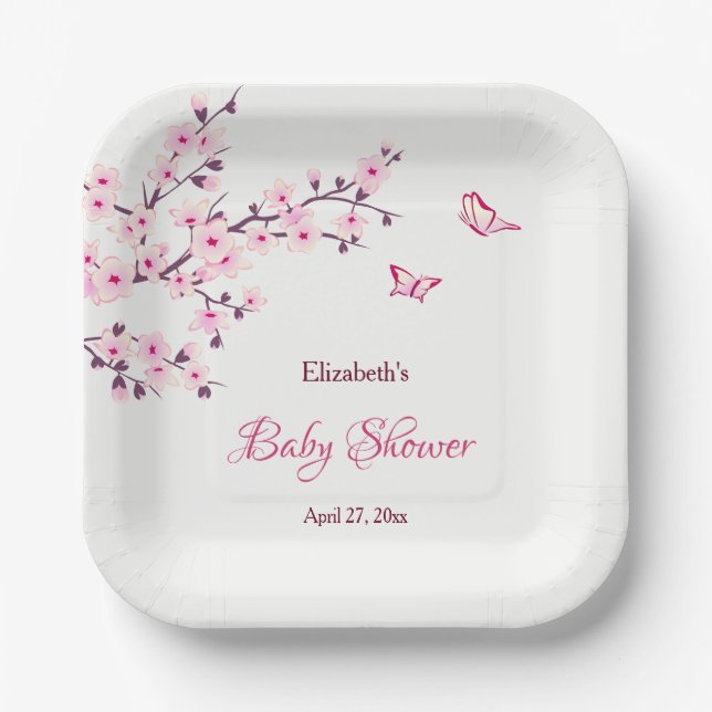 Plato De Papel Cherry Blossom Pink White Baby Shower (Anverso)