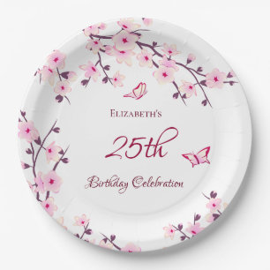 Plato De Papel Cherry Blossom Pink White Custom Birthday