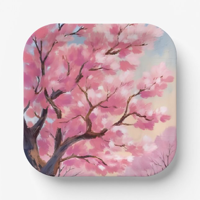 Plato De Papel Cherry Blossom Trees Pink Floral Painting (Anverso)