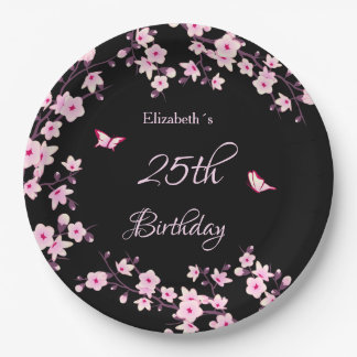 Plato De Papel Cherry Blossoms Pink Black Custom