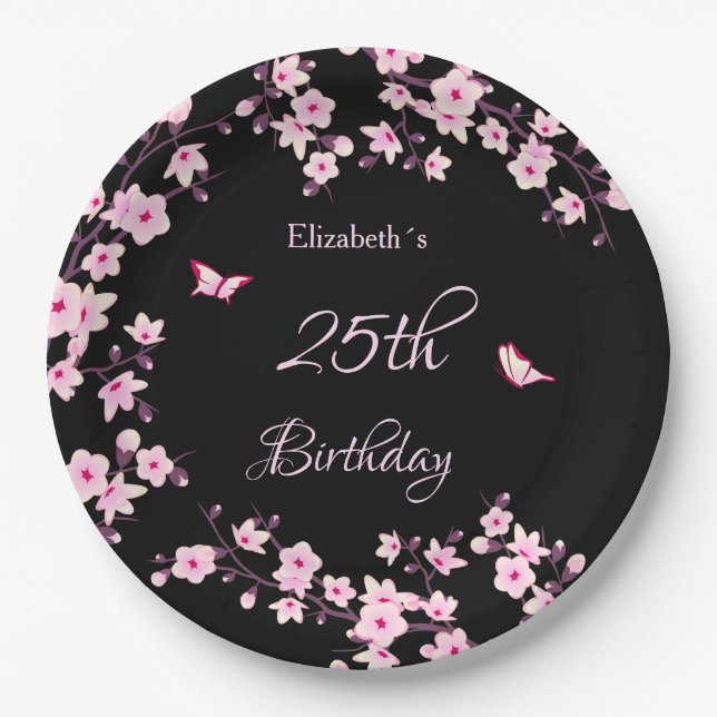 Plato De Papel Cherry Blossoms Pink Black Custom (Anverso)