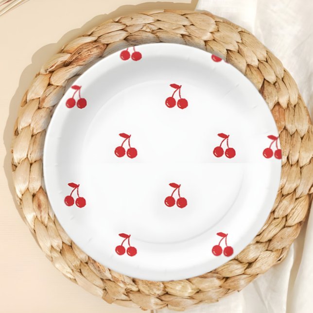 Plato De Papel Cherry dibujado a mano en la parte superior dibuja (Hand drawn Cherry on Top Paper Plate Table Decorations)