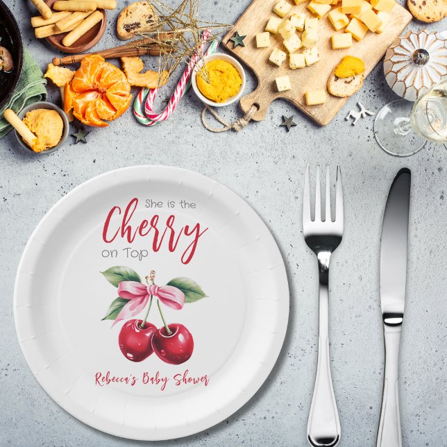 Plato De Papel Cherry en Baby Shower, el Chica de Bow Rosado (Subido por el creador)