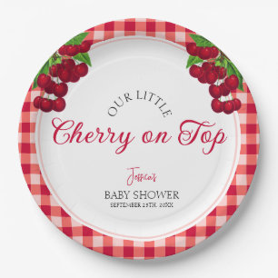 Plato De Papel Cherry en la cima del otoño Gingham Plaid Baby Sho