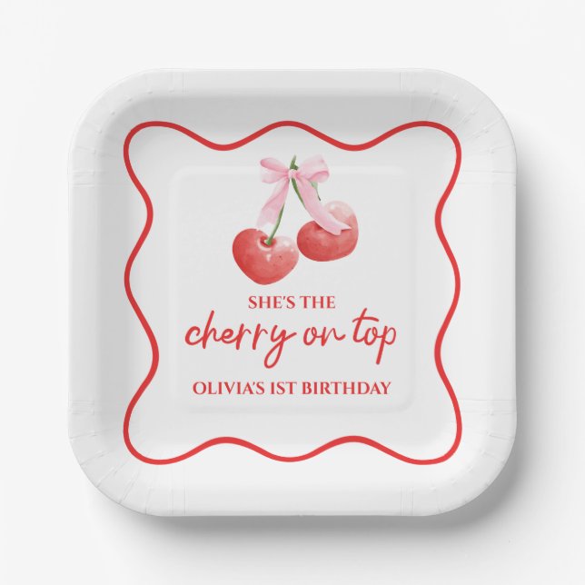 Plato De Papel Cherry en Top Pink Bow preppy cumpleaños (Anverso)