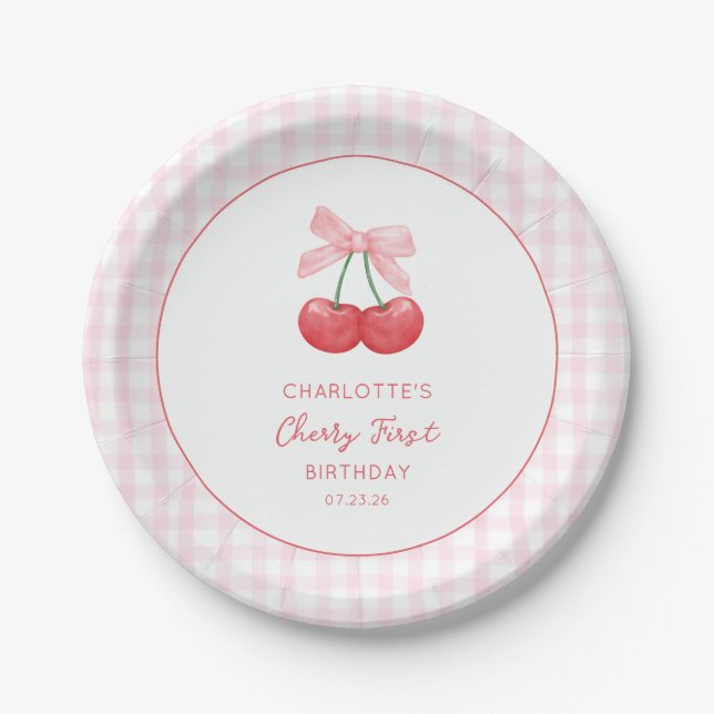 Plato De Papel Cherry First Birday Pink Gingham Chicas Un Año (Anverso)
