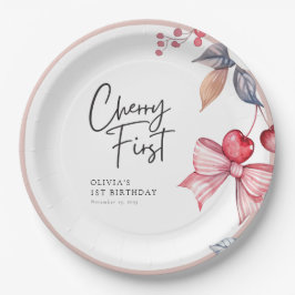 Plato De Papel Cherry First Pink Bow Coquette 1º cumpleaños
