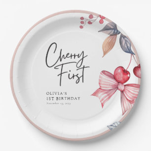 Plato De Papel Cherry First Pink Bow Coquette 1º cumpleaños
