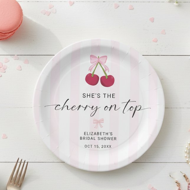 Plato De Papel Cherry On Top Bridal Shower Coquette Bow Stripes (Subido por el creador)