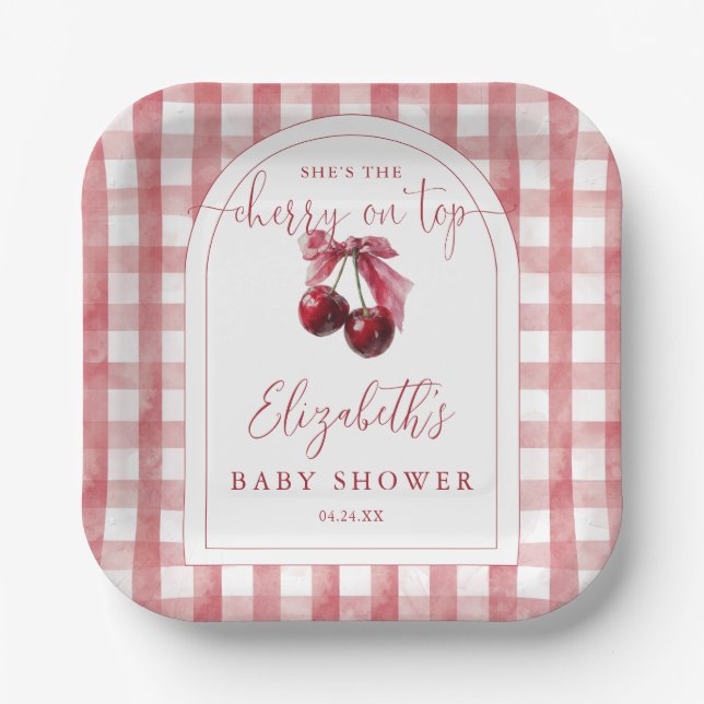 Plato De Papel Cherry On Top Coquette Bow Baby Shower (Anverso)