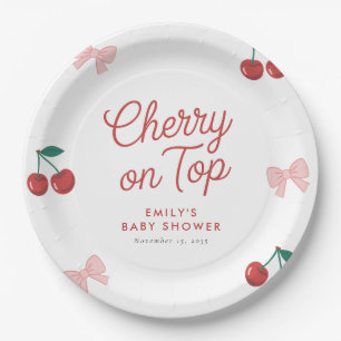 Plato De Papel Cherry on Top Pink Bow Coquette Baby Shower