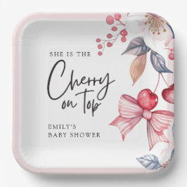 Plato De Papel Cherry on Top Pink Bow Coquette Baby Shower