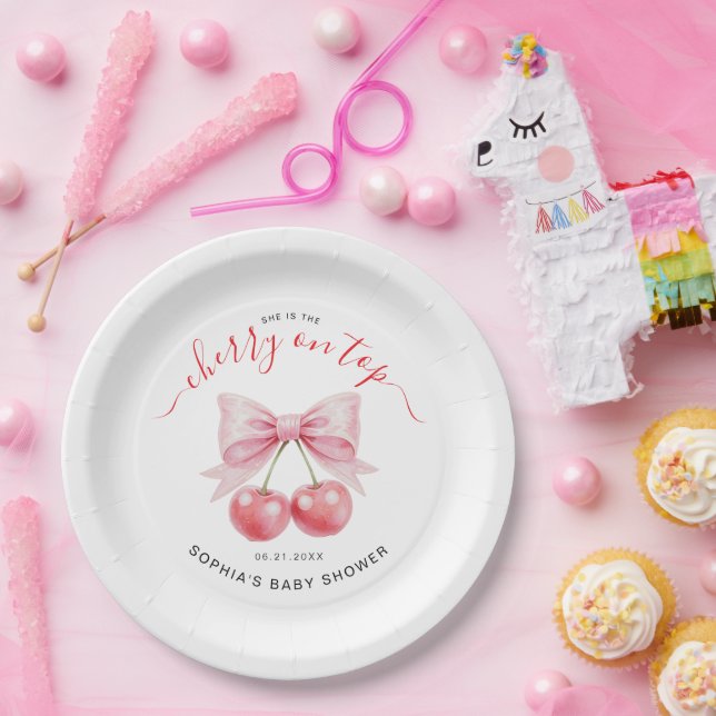 Plato De Papel Cherry On Top Sweet Coquette Girl Baby Shower (Fiesta)