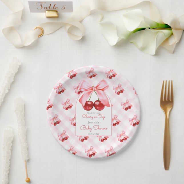 Plato De Papel Cherry Pink Bow Baby Shower (Boda)