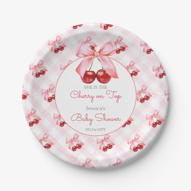 Plato De Papel Cherry Pink Bow Baby Shower (Anverso)