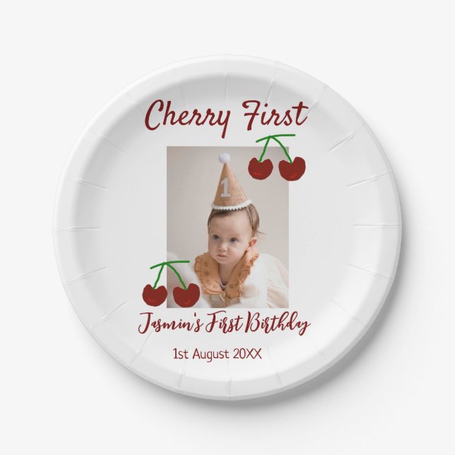 Plato De Papel Cherry primer feliz cumpleaños foto niños rojo mod (Anverso)