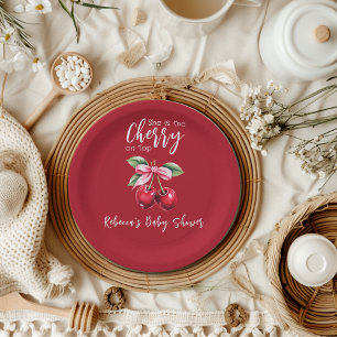 Plato De Papel Cherry rojo en la cima Coquette Bow rosa Baby Show