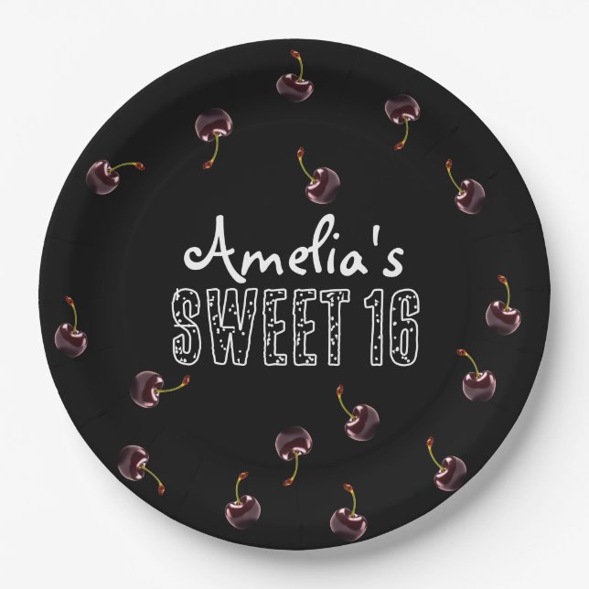 Plato De Papel Cherry Sweet 16 Fiesta personalizado (Anverso)