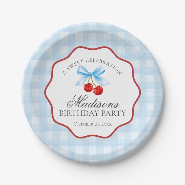 Plato De Papel Cherry Sweet Blue Coquette Bow Gingham Cumpleaños (Anverso)