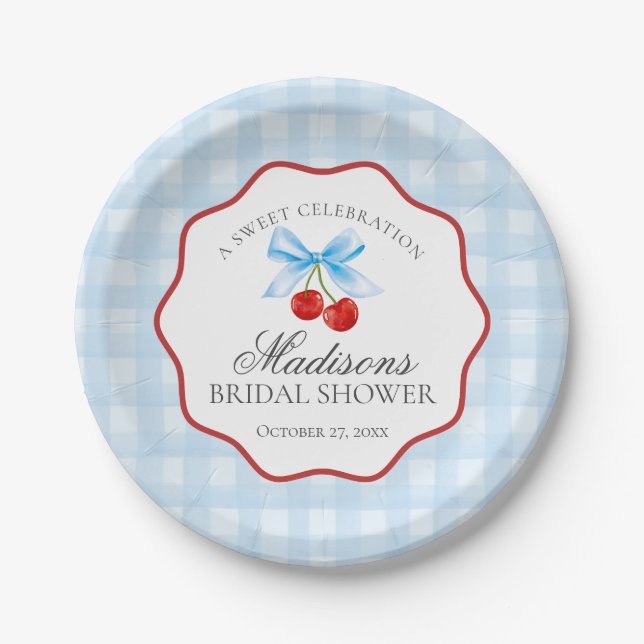 Plato De Papel Cherry Sweet Blue Coquette Gingham Bridal Shower (Anverso)