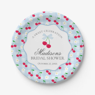 Plato De Papel Cherry Sweet Blue Coquette Gingham Bridal Shower