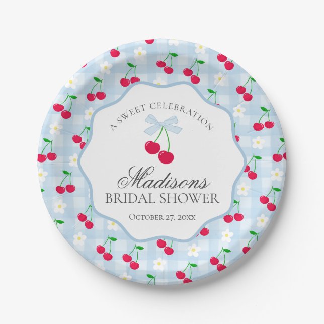 Plato De Papel Cherry Sweet Blue Coquette Gingham Bridal Shower (Anverso)