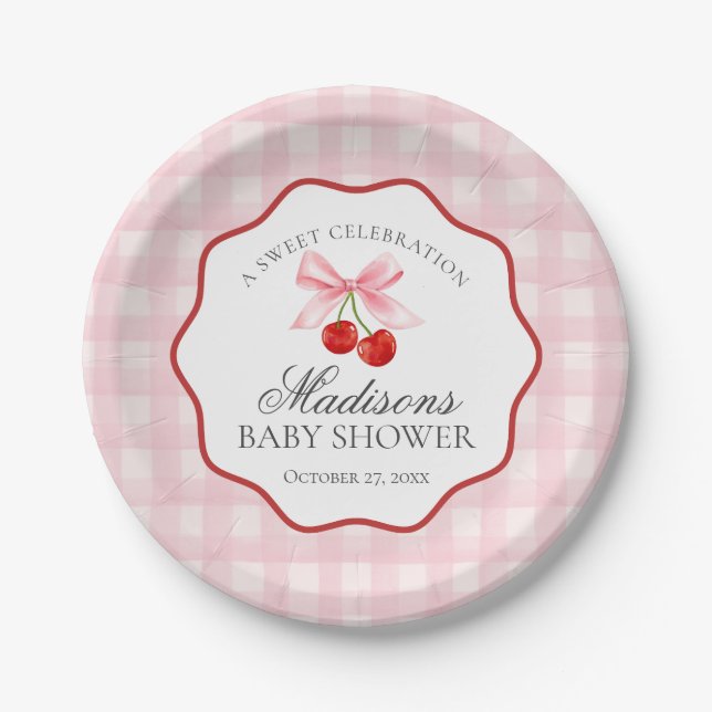 Plato De Papel Cherry Sweet Pink Coquette Bow Gingham Baby Shower (Anverso)