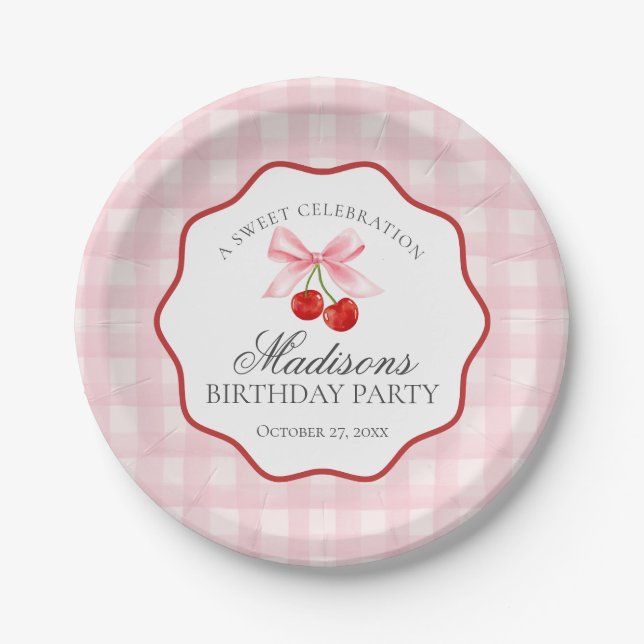 Plato De Papel Cherry Sweet Pink Coquette Bow Gingham Cumpleaños (Anverso)