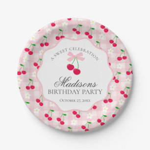 Plato De Papel Cherry Sweet Pink Coquette Bow Gingham Cumpleaños