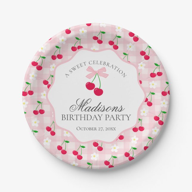 Plato De Papel Cherry Sweet Pink Coquette Bow Gingham Cumpleaños (Anverso)