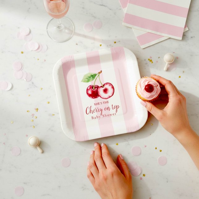 Plato De Papel Cherry Theme Baby Shower Acuarela Rosa (Subido por el creador)
