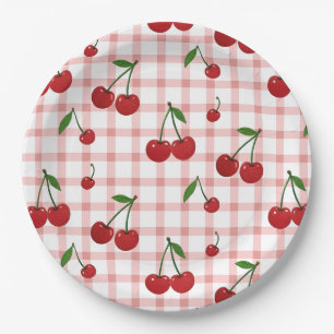 Plato De Papel Cherry Themed Paper Plate Set with Pink Checkered