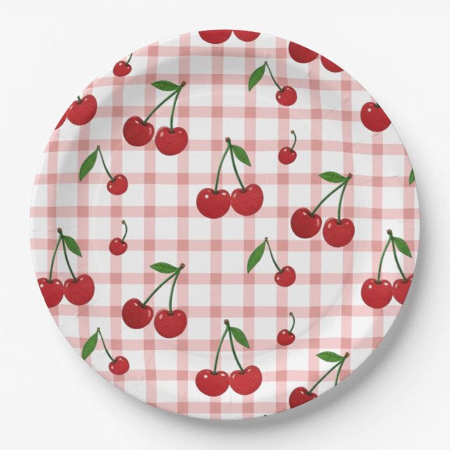 Plato De Papel Cherry Themed Paper Plate Set with Pink Checkered  (Anverso)