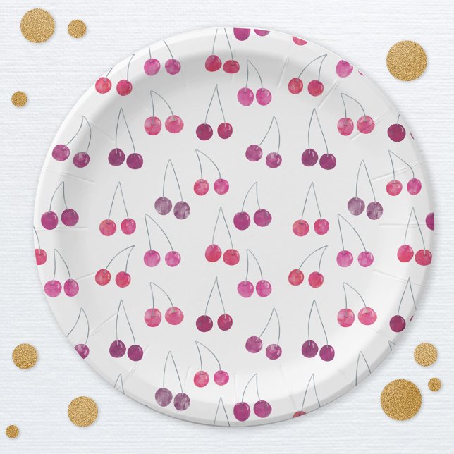 Plato De Papel Cherry Watercolor (Pretty watercolor cherry pattern   party paper plates)