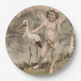 Plato De Papel Cherub vintage con cigüeña por lago