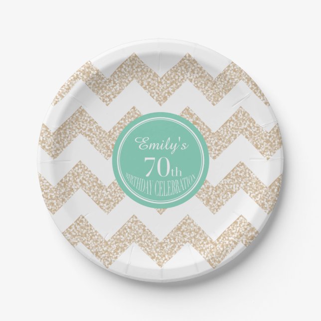 Plato De Papel Chevron 70th Birthday Paper Plate Elegir color (Anverso)