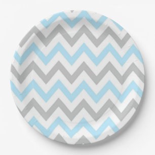 Plato De Papel Chevron azul claro y gris - moderno, muchacho