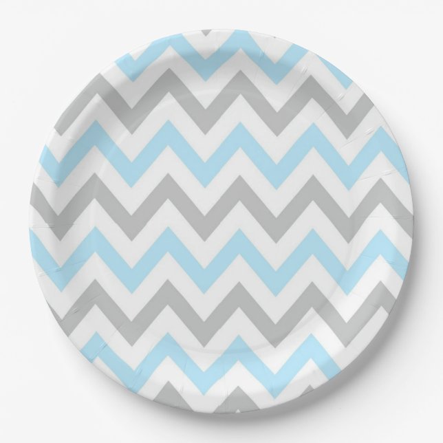 Plato De Papel Chevron azul claro y gris - moderno, muchacho (Anverso)