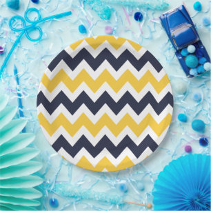 Plato De Papel Chevron azul marino y amarillo