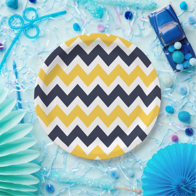 Plato De Papel Chevron azul marino y amarillo (Fiesta)