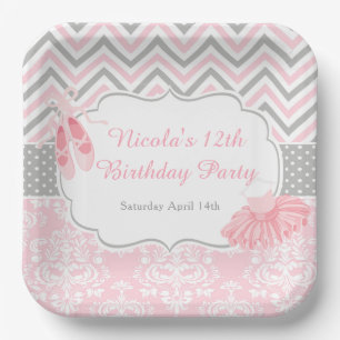Plato De Papel Chevron Ballerina rosa y gris Cumpleaños