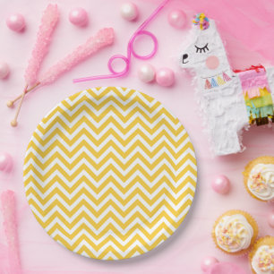 Plato De Papel Chevron blanco y amarillo