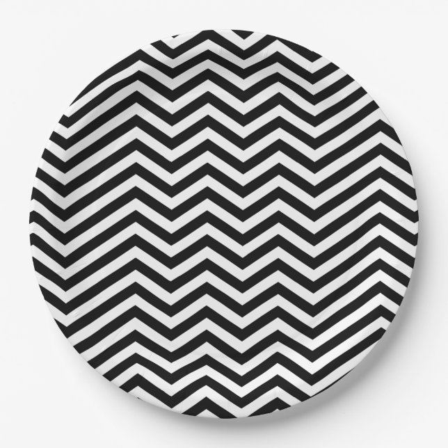 Plato De Papel chevron blanco y negro (Anverso)