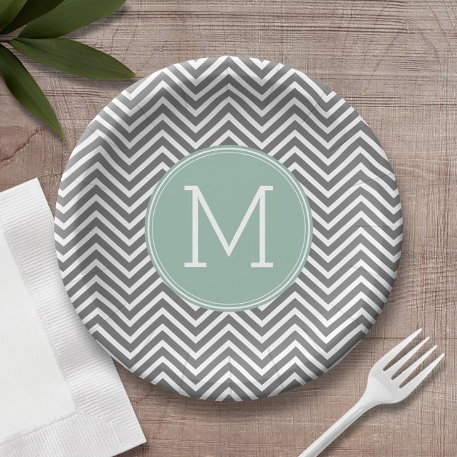 Plato De Papel Chevron de carbón y verde menta con monograma pers (Personalized birthday plate with monogram)