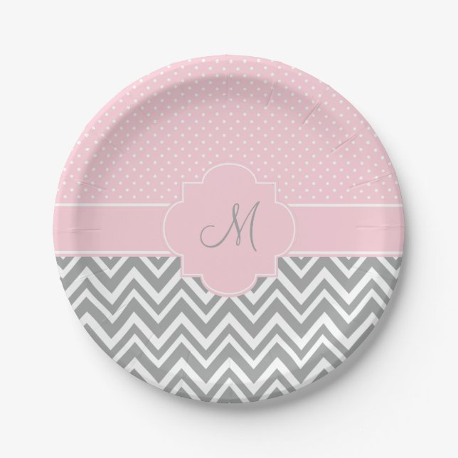 Plato De Papel Chevron gris monogramo con punto de polka rosa pas (Anverso)