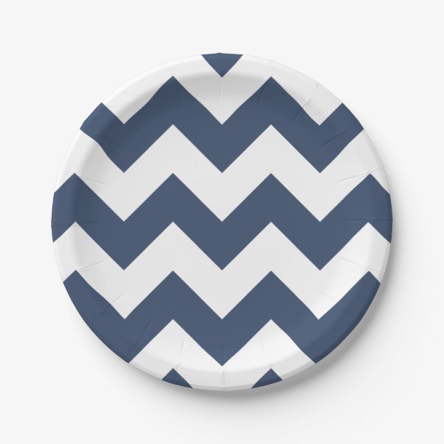 Plato De Papel Chevron moderno azul y blanco de la Marina (Anverso)