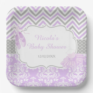Plato De Papel Chevron Morado y Gris Ballerina Baby Shower